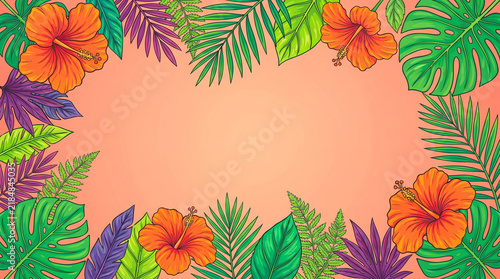 Tropical Summer Frame with Hibiscus Flowers and Palm Leaves