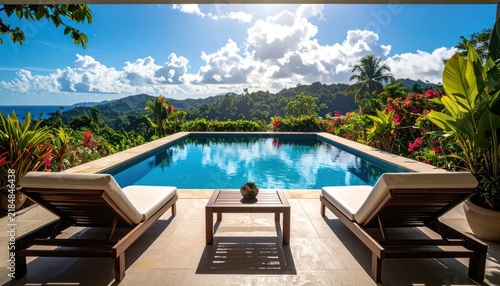 Private villa swimming pool surrounded by lush greenery