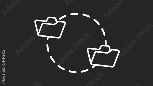 Animated digital file transfer icons on a dark background. Synchronization and content sharing. Seamless loop 4K video representing cloud computing.