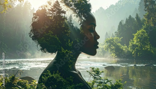 Double exposure of woman profile and nature forest.