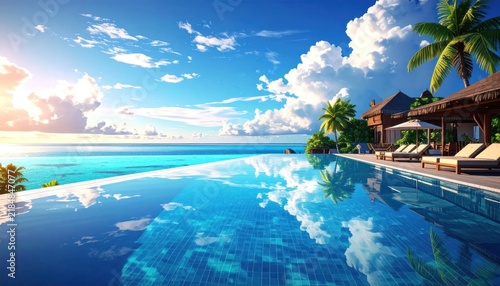 Luxury tropical infinity pool at sunset beach resort.