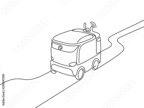 Continuous line drawing of self-driving car icon, autonomous vehicle illustration, futuristic mobility concept, single unbroken stroke vector art for technology and transport design