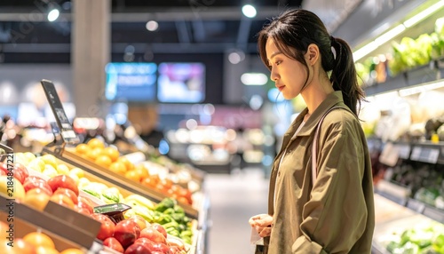 Woman choosing fresh fruits in a grocery store.