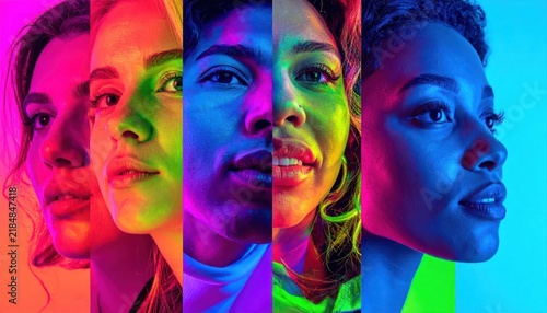 Diverse female faces in vibrant neon color strips.