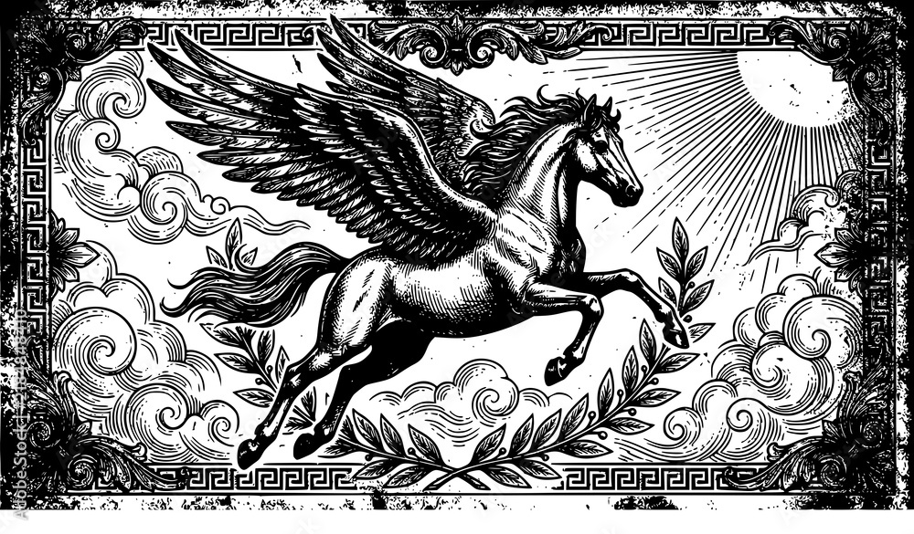 Fototapeta premium Vintage Pegasus Flying Ancient Greek Mythology Hand Drawn Illustration