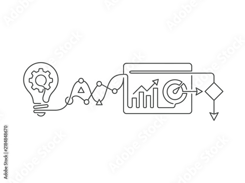 Minimalist business process flow icon with lightbulb and screen, linear strategy chart, growth analytics graphic, target marketing symbol, continuous single line art design for presentation