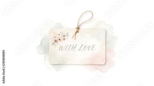 Rectangular favor tag featuring tiny pressed flower and twine loop. Stationery template concept