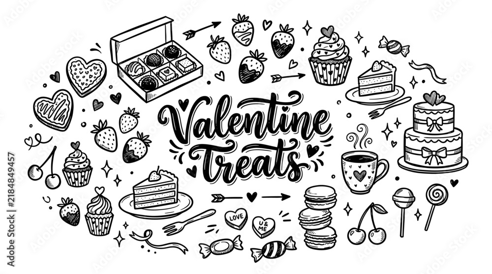 Fototapeta premium Hand Drawn Valentine Treats Doodle Set