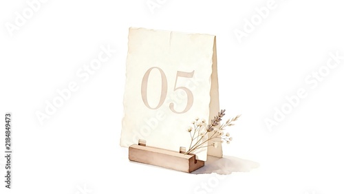 Antique table number card featuring dried white flowers at corner. Stationery template concept