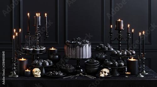 Elegant monochrome black dessert table with spooky Halloween decorations