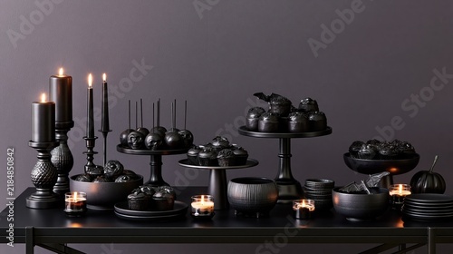 Elegant monochrome black dessert table setup for Halloween party celebration