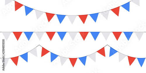 Colorful French festive pennant garlands with triangular flags creating cheerful party atmosphere vector illustration. Bright birthday bunting banners for celebration decor set.