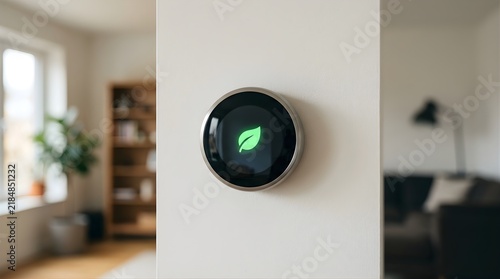 Smart thermostat with green leaf icon on wall for energy saving at home