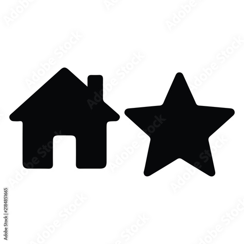 Real estate home building and classic five point star rating icon set. Black vector silhouettes.