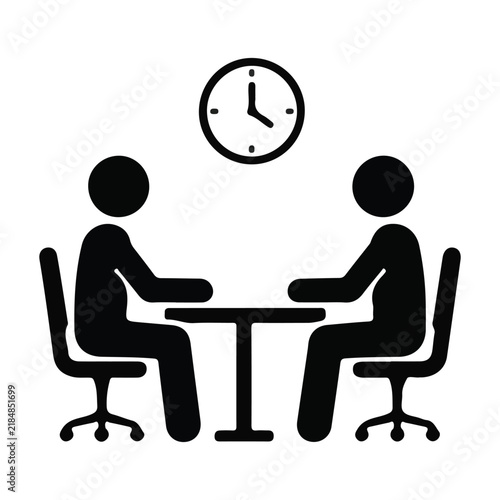 Two business partners talking at round table under office clock. Black vector silhouettes