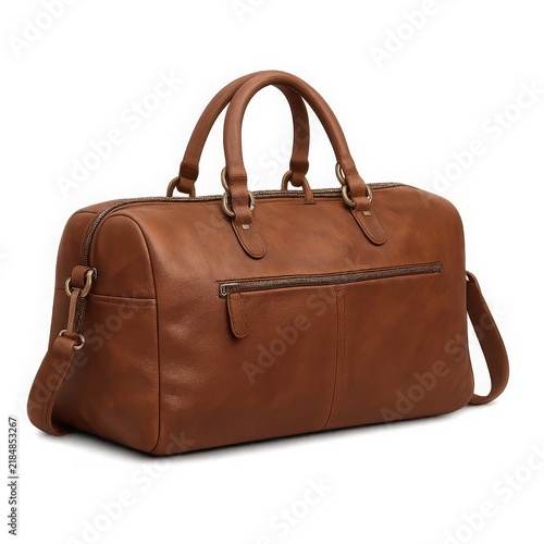 A brown leather travel bag with handles and a zipper. Vintage style luggage.