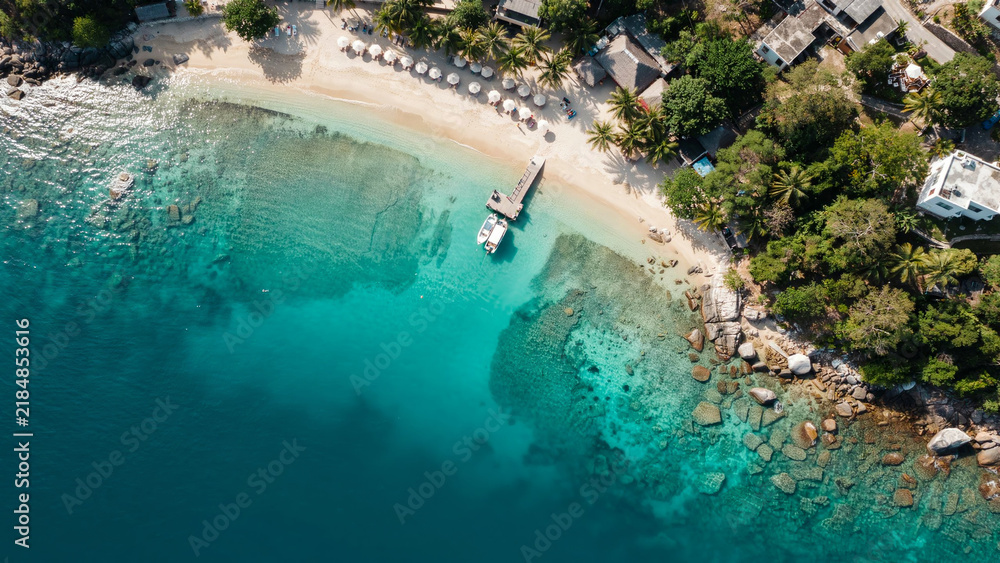 Fototapeta premium Vertical drone view of tropical white sand beach with palm trees and turquoise reef.