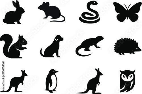 Collection of black animal silhouette icons featuring rabbit, mouse, snake, butterfly, squirrel, fox, crocodile, hedgehog, kangaroo, penguin, deer and owl. Clean isolated vector-style designs suitable