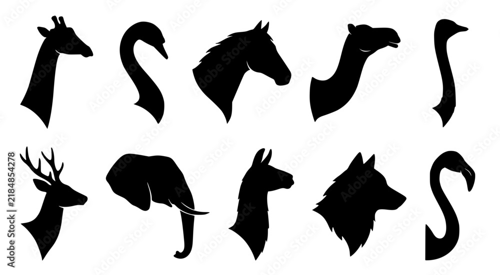 Fototapeta premium Collection of animal head silhouettes including giraffe swan horse camel ostrich deer elephant llama wolf and flamingo isolated on white background for creative design