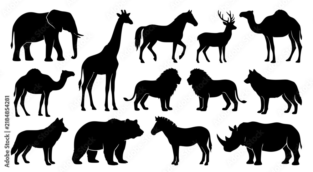 Fototapeta premium Comprehensive set of wild animal silhouettes featuring elephant giraffe horse camel deer lion wolf bear zebra and rhino isolated on white background for branding and design