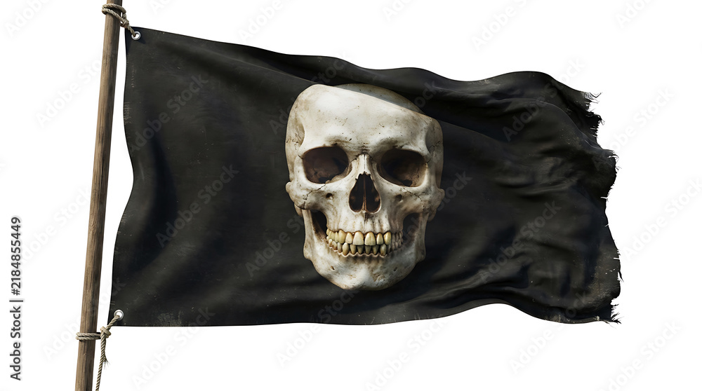 Fototapeta premium A black pirate flag with a human skull waving on a wooden pole