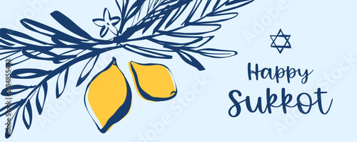 Sukkot celebration card with lulav and Etrog symbols on blue background