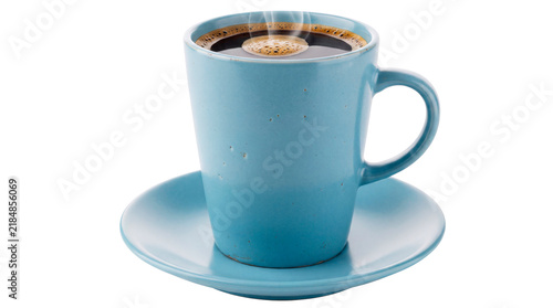 Steaming coffee in blue cup and saucer isolated on transparent background