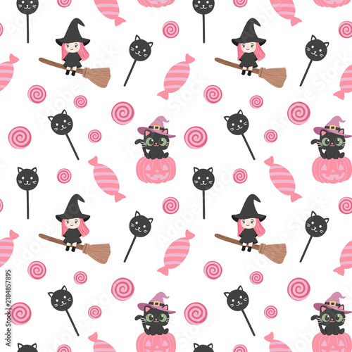 Cuadro en lienzo seamless cute Halloween pattern with a witch on a broom, a black cat on a pumpki