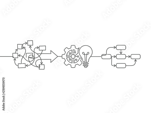 Minimalist problem solving infographic, complex chaos to simple workflow vector, business process optimization diagram