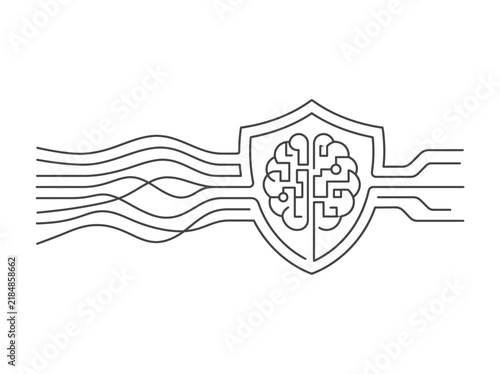 Minimalist continuous line art of human brain inside shield, cyber security and artificial intelligence concept, digital neural network vector
