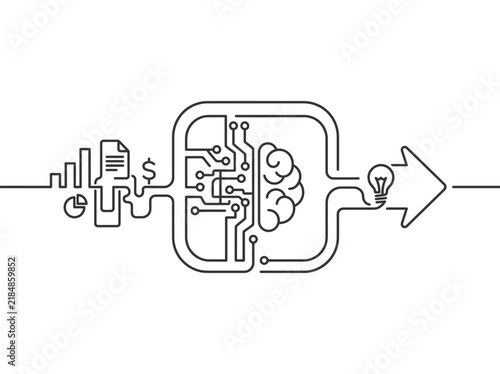 Artificial intelligence data processing concept, continuous line art of AI brain circuit, business automation and creative logic vector