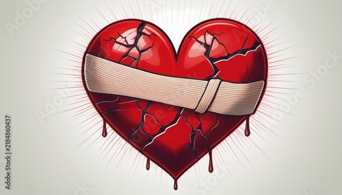 broken red heart with bandage symbol of healing on white background