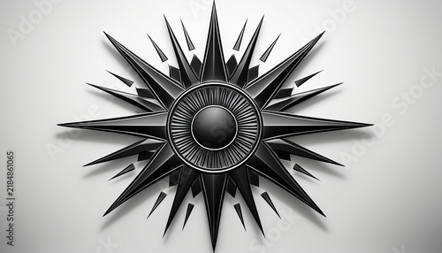black sun with a circular center and eight sharp triangular rays on a clean white background area star