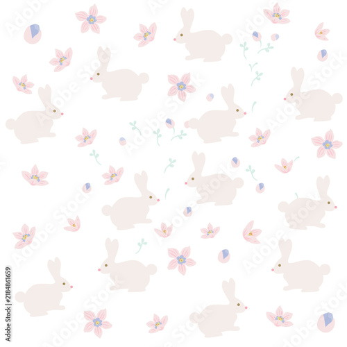 Elegant White Rabbit and Pastel Pink Floral Pattern with Stems, Buds, Blooming Flowers and Delicate Branches, Romantic Botanical Seamless Design for Fabric.