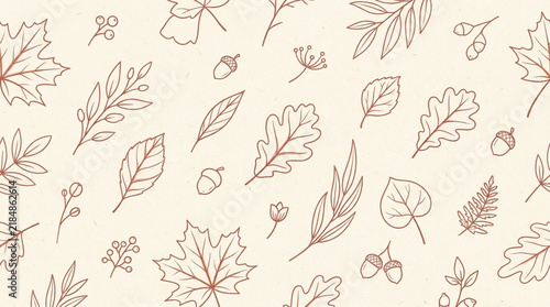 Autumn leaves and acorns form a delicate vector pattern on a beige background