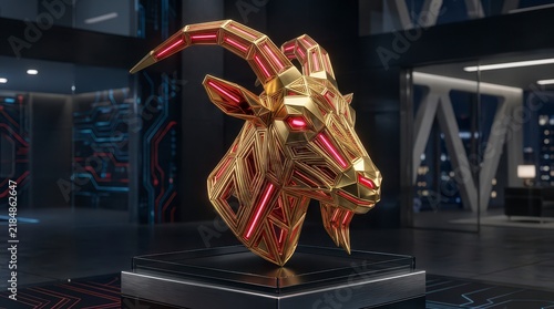 Intricate Golden Goat Head Rendering in a Modern High-Tech Interior Environment