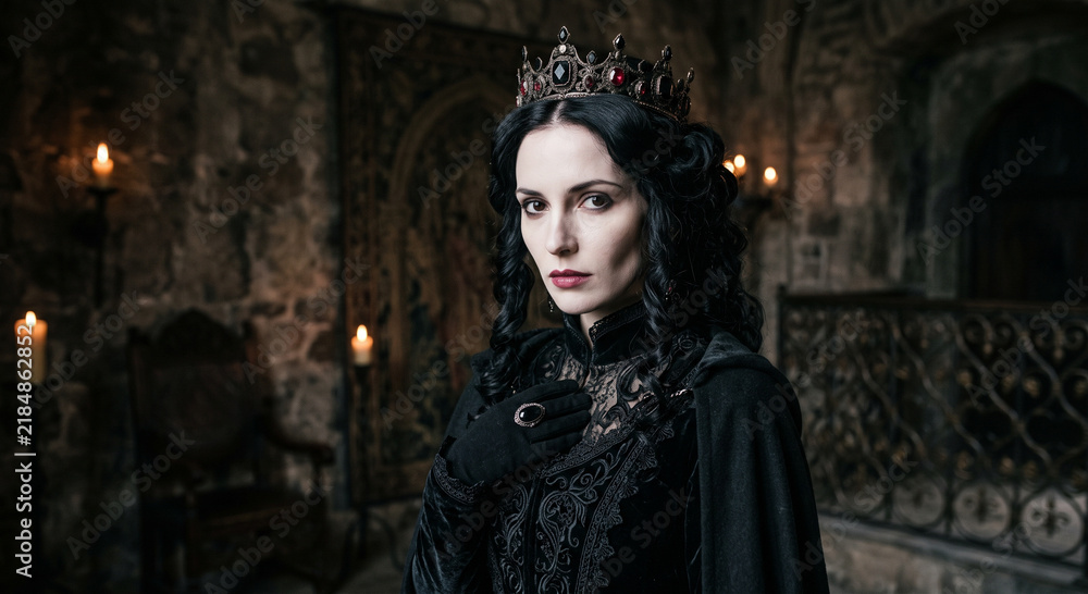 Fototapeta premium Regal dark haired woman wearing an ornate crown stands in moody stone hall with dramatic low key lighting