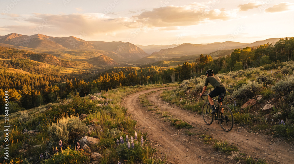 Obraz premium Cyclist riding on dirt road through mountain landscape at sunset