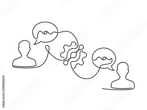Continuous line art of business communication, minimalist people with speech bubbles and gears, collaborative workflow vector illustration