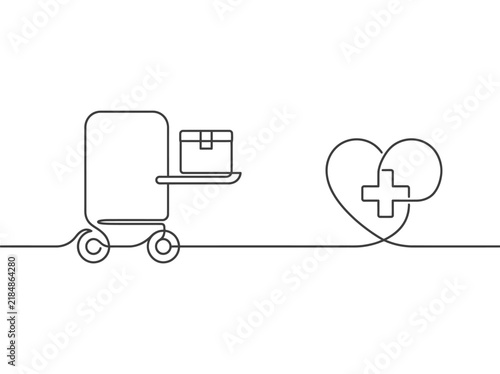 Continuous line art of medical delivery robot with heart and cross. Minimalist healthcare logistics vector. Autonomous pharmacy courier illustration.