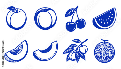 Set of blue icons featuring various fresh fruits including watermelon melon cherry and peaches