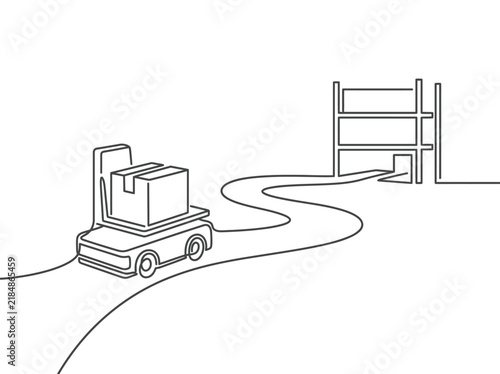 Continuous line drawing of autonomous mobile robot, AGV carrying box in warehouse, automated logistics and delivery technology