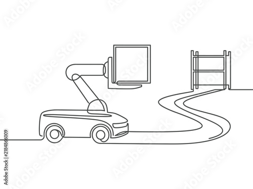 Minimalist continuous line art of autonomous warehouse robot, robotic arm moving cargo box, smart logistics automation vector