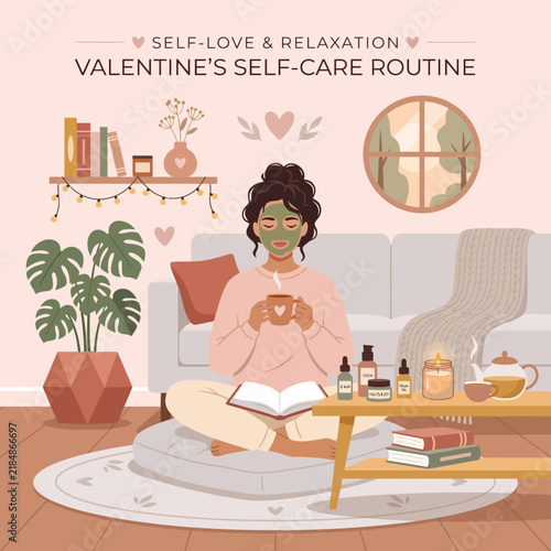 Cozy interior illustration of a woman enjoying a peaceful self-care routine with a face mask, book, and tea at home
