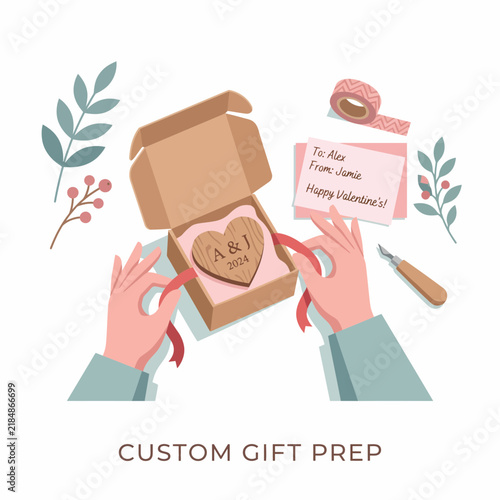 Hands packing a personalized wooden heart gift box with a Valentine card and crafting supplies for a special holiday celebration