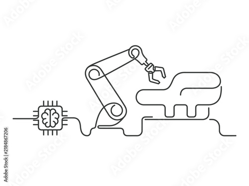 Minimalist robotic arm line art, industrial automation vector with AI brain chip, smart manufacturing and robotics technology illustration
