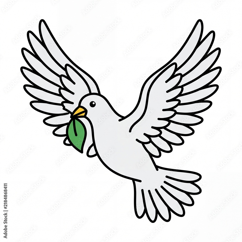 Fototapeta premium Vector illustration of a graceful white dove in flight holding a vibrant green leaf, symbolizing peace, hope, and new beginnings. Perfect icon for harmony, spirituality, and freedom concepts