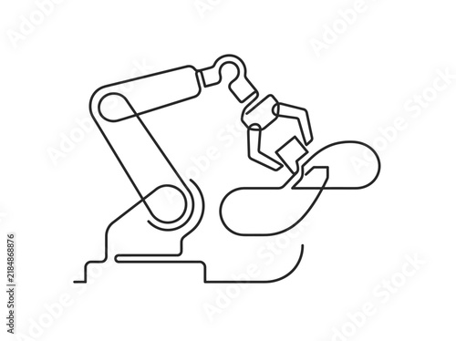 Minimalist robotic arm continuous line drawing, industrial robot manipulator vector, automated factory machinery outline art