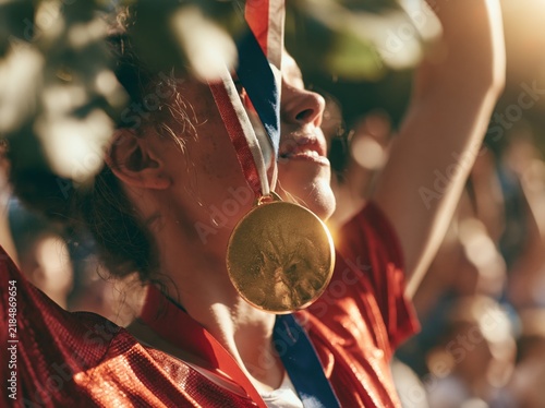 Young female athlete celebrating victory with a gold medal