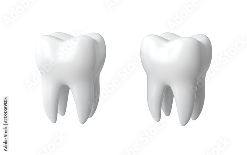 Detailed 3d rendering of two adjacent human molar teeth with smooth enamel surfaces isolated on transparent background